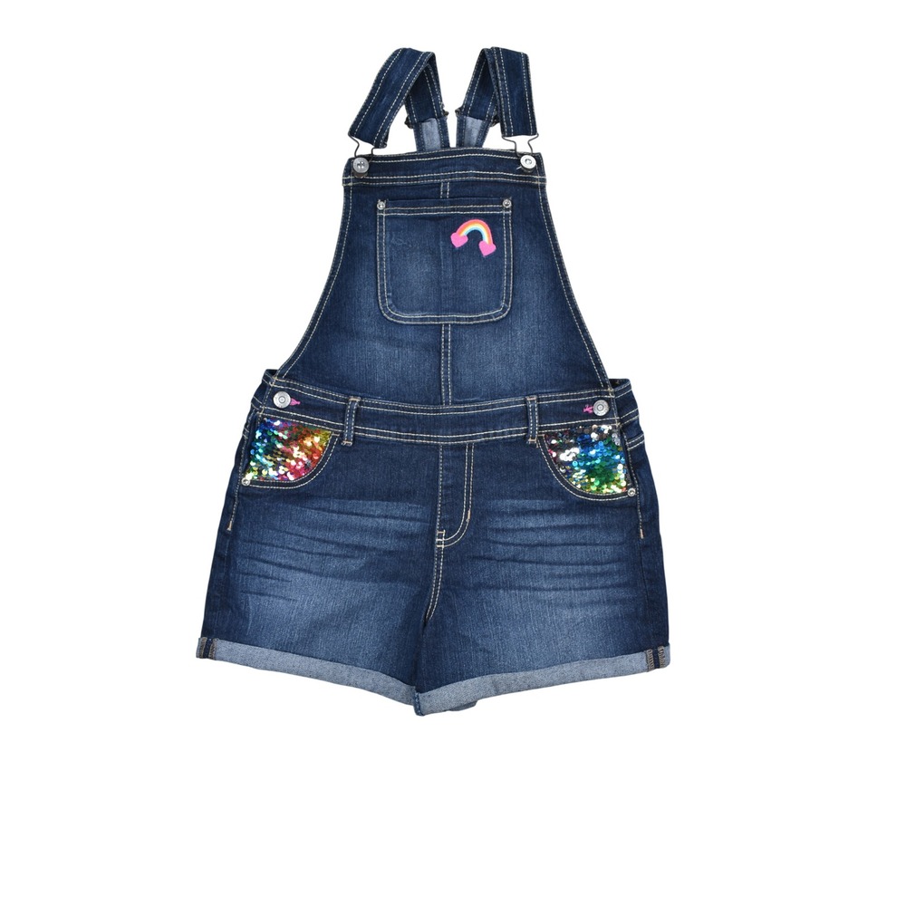 Jordache Girls Blue Denim Sequin Rainbow Shortalls Size XL 14-16